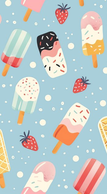 Photo ice cream pattern summer street food snacks cone waffle with filling ice cream balls in cup ice crea