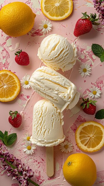 ice cream on a pink plate with flowers and a strawberry