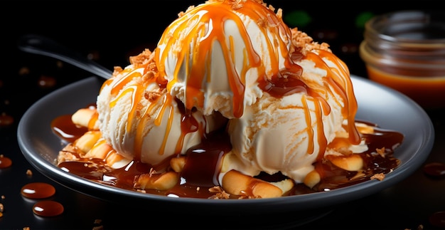 Ice cream in a plate liquid sweet caramel honey AI generated image