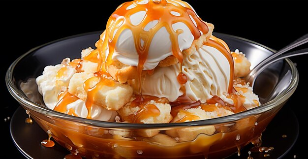 Ice cream in a plate liquid sweet caramel honey AI generated image