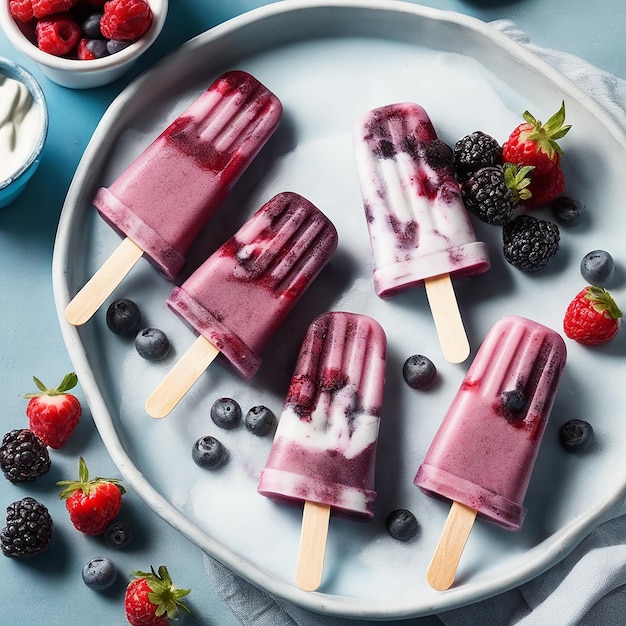 ice cream in a popsicle on a blue background and nearby colored fruits