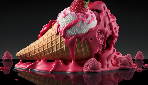 Ice cream raspberry ripple red vanilla dessert sundae picture AI generated art
