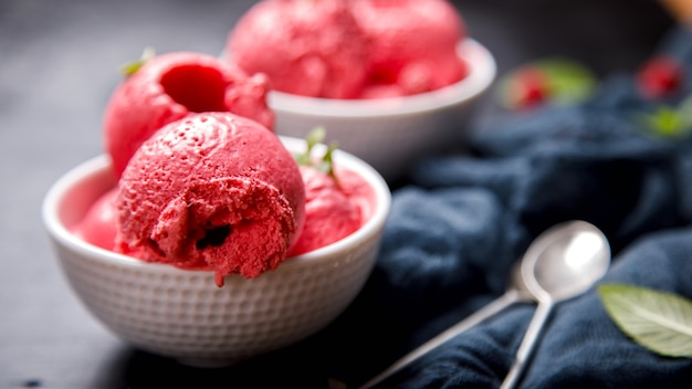 Ice cream Raspberry in white bowl