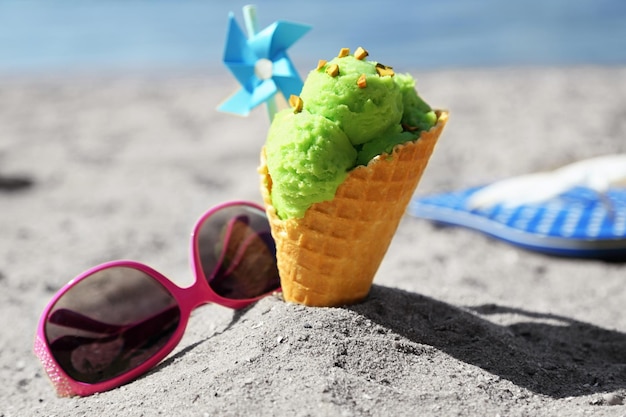 Ice cream in sand on beach