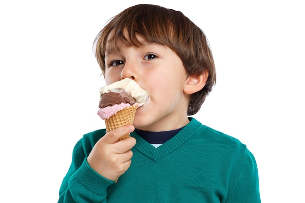 Ice cream scoop cone eating boy child kid summer isolated on white