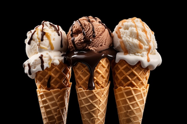 黒い背景に隔離されたワッフルコーン上のアイスクリームスコープ
