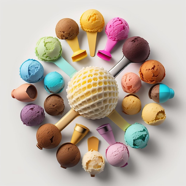 Ice cream scoop on waffle cone Many assorted different flavor generated by AI