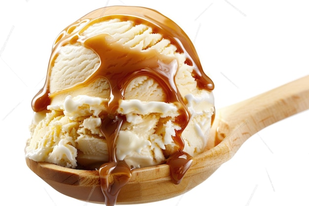 색 바탕 에 카라멜 소스 가 있는 아이스크림 <unk>