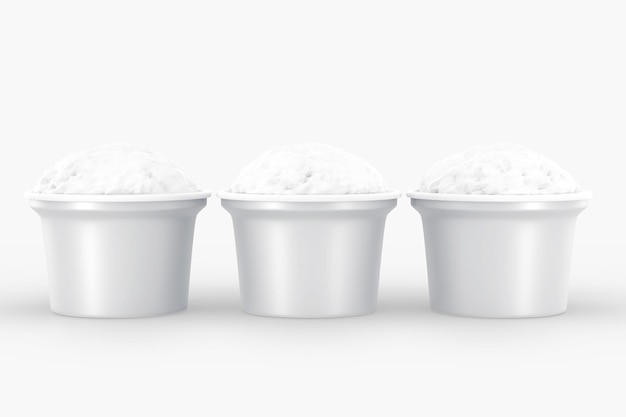 Photo ice cream scoops in cups realistic set of blank paper or plastic buckets bowls with texture vanilla sundae yogurt or sorbet isolated on white background mockup food containers 3d render packaging