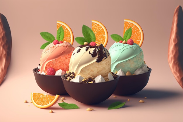Фото Ложечки для мороженого с кусочками лесного ореха, мяты и шоколада, апельсина и клубники