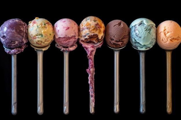 生成 AI で作成されたさまざまなフレーバーのアイスクリーム スクープを並べて表示