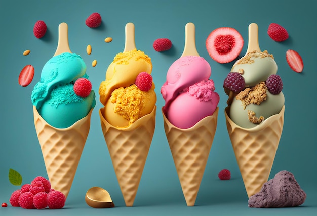 ice cream scoops in waffle cones with berries generative ai