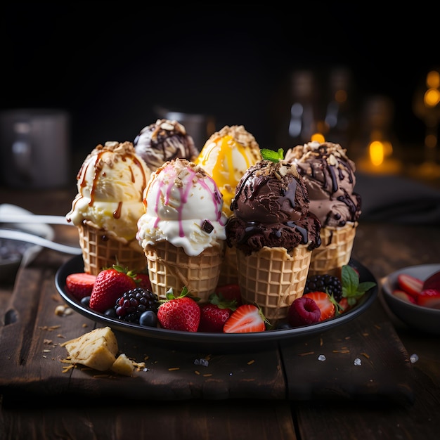 木製の背景にベリーとミントが付いたワッフルコーンで作られたアイスクリーム