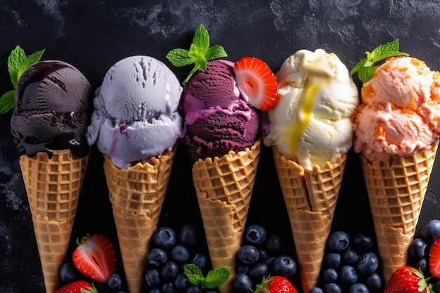 Ice cream scoops in waffle cones on wooden table