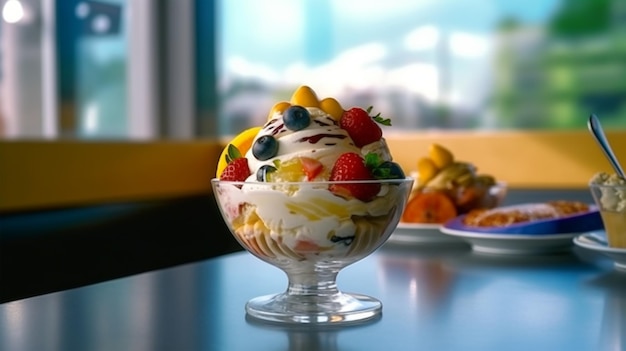 Ice cream scoops with berries in cafe dessert concept cool and hot weather Generated AI