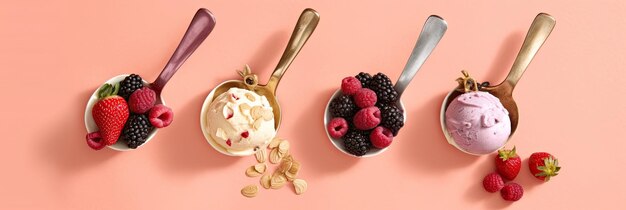 Ice cream set of ice cream scoops of different colors and flavours with berries nuts and fruits decoration on pink background generative ai