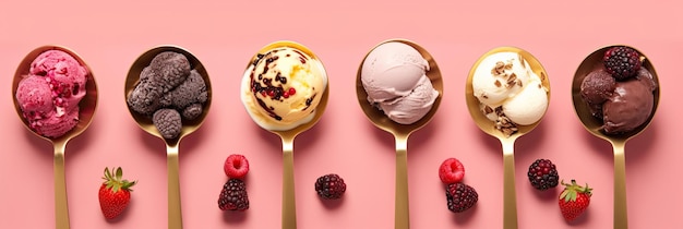 ピンクの背景にベリーナッツとフルーツの装飾が施された、さまざまな色と味のアイスクリームスクープのアイスクリームセットジェネレーティブAi