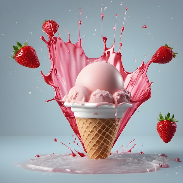 ice cream splash from a cone strawberry