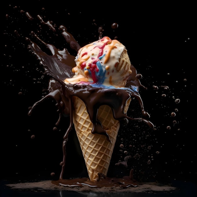 Ice cream splashing out of a waffle cone on a black background