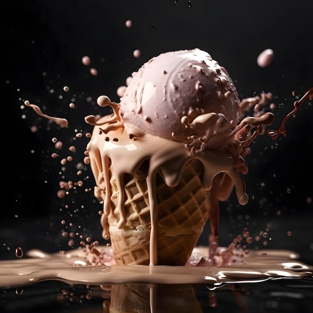 Ice cream splashing out of a waffle cone on a dark background