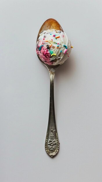 Ice cream spoon with colorful confetti on white background copy space minimalistic