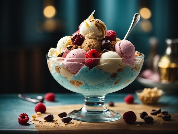 Ice Cream Sundae Served in a bowl or tall glass dish with various toppings
