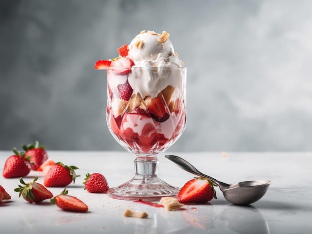 Ice cream sundae with strawberry sauce on white table Generative AI