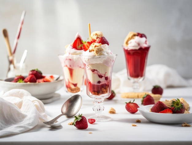 Ice cream sundae with strawberry sauce on white table Generative AI