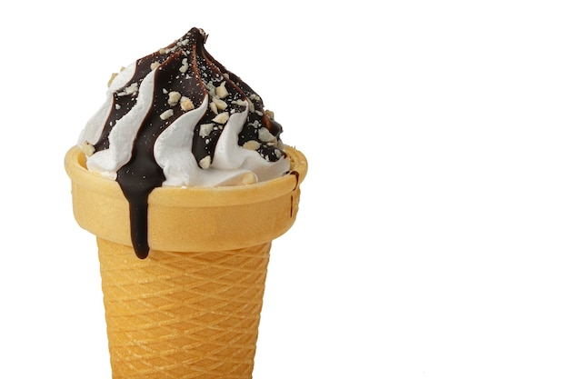 Ice cream Sweet ice dessert in a waffle cone poured with chocolate on a white background