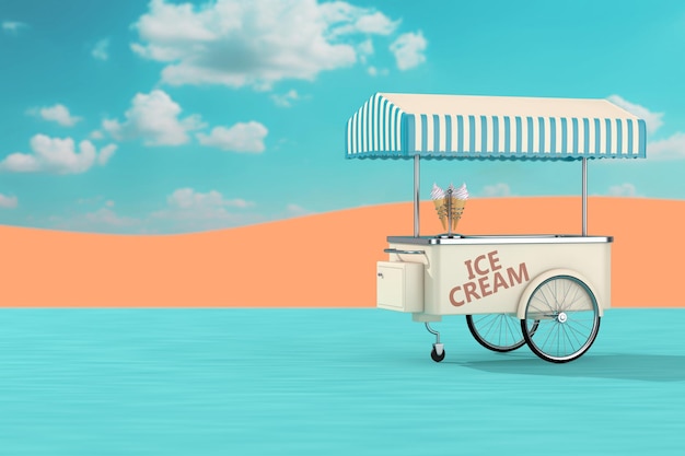 Foto il carrello del vassoio del gelato nel paesaggio del deserto astratto 3d rendering
