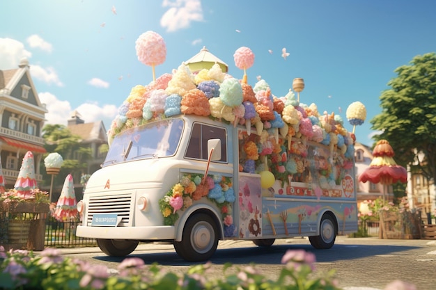 Ice cream truck at a busy park the nostalgic Generative ai