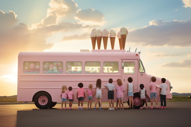 Ice Cream Truck with Kids Lined Up for Treats