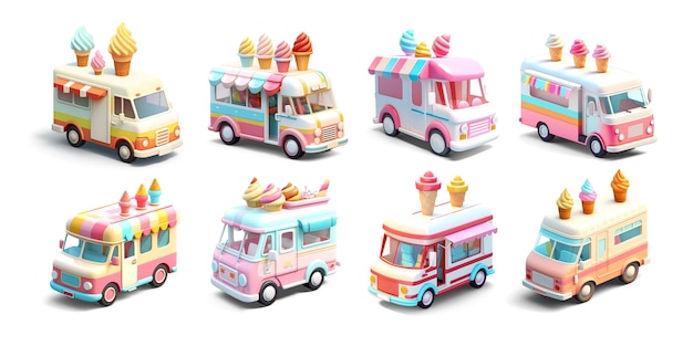 Ice Cream Van Isometric Low Poly Icons Set Colorful cute design element for summer events or anything that involves sweet treats and cheerful vibes Isolated on white background