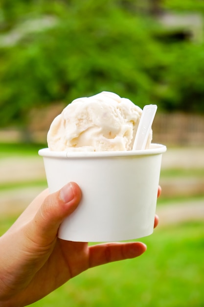 Photo ice cream. vanilla and dairy ice cream in hand