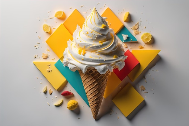 Ice cream in waffle cone on blue background top view flat lay ai generative