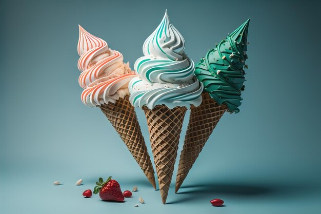 Ice cream in waffle cone on blue background top view flat lay ai generative