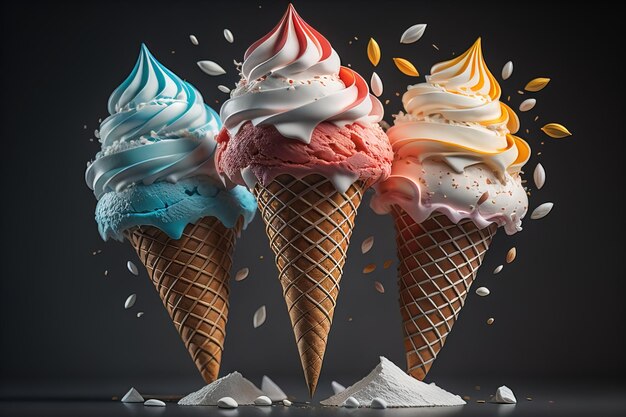 Ice cream in waffle cone on blue background top view flat lay ai generative