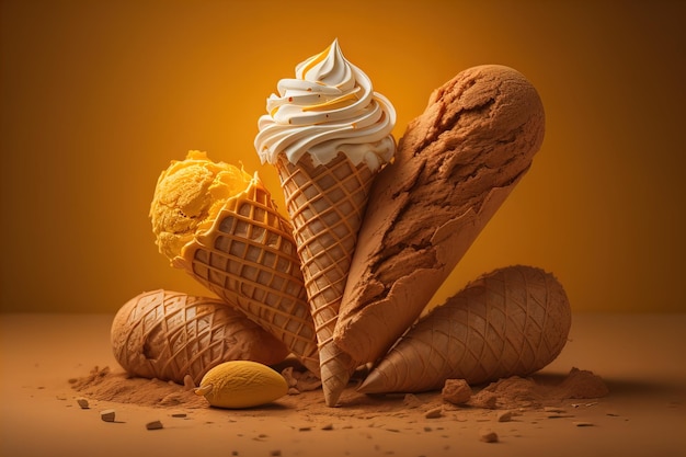 Ice cream in waffle cone on blue background top view flat lay ai generative