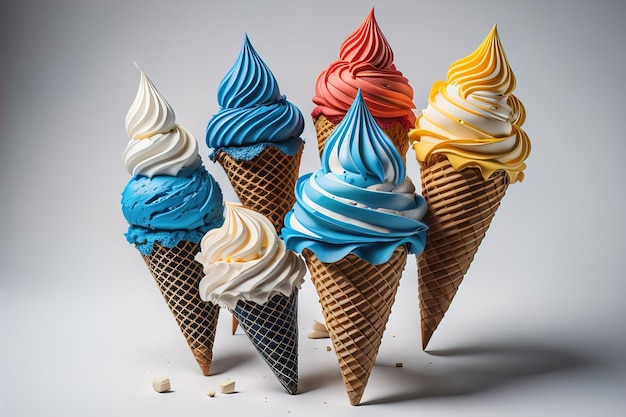 Ice cream in waffle cone on blue background top view flat lay ai generative