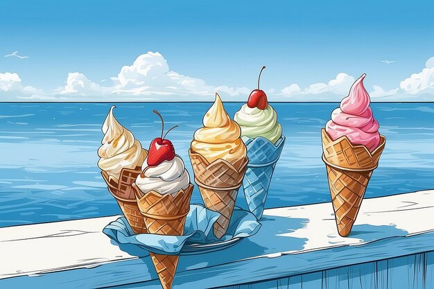 Photo ice cream in waffle cone on blue sea and sky background