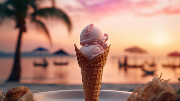 Ice cream waffle cone on blurred sea background summer concept