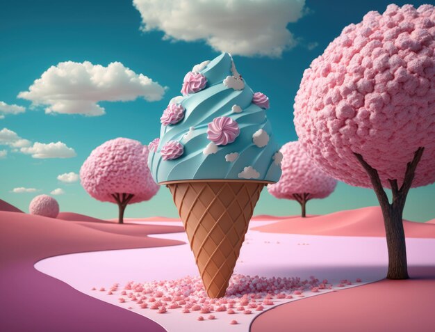 Ice cream in waffle cone Fairy tale Ice cream land Large Soft ice cream in spring blooming garden