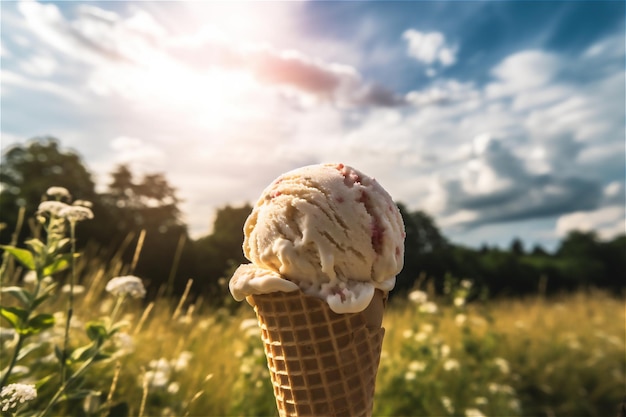 Ice cream in a waffle cone outside in a sunny day on nature background AI generated content