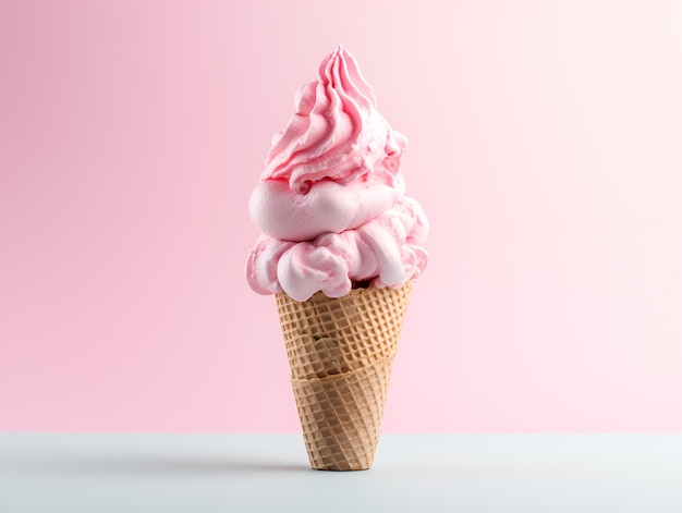 Ice cream in waffle cone on pastel background