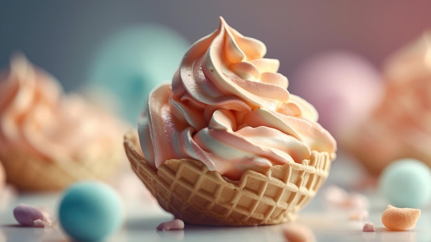 Ice cream in waffle cone Vanilla flavor dessert on bokeh background Generative AI