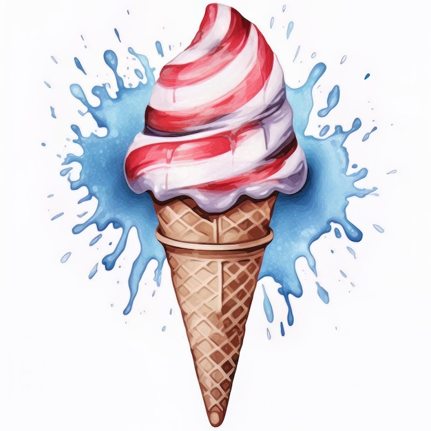 Ice cream in waffle cone with american flag watercolor illustration