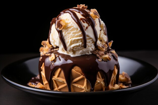 Ice cream in waffle cone with chocolate syrup