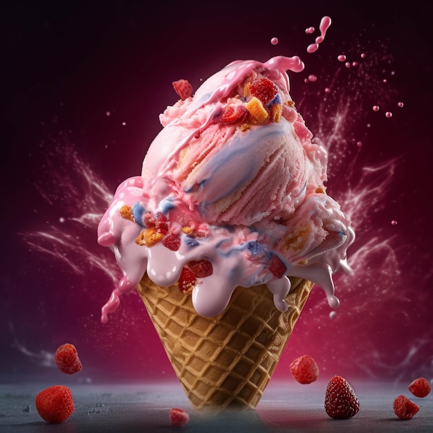 Ice cream in waffle cone with flying berries and splashes on dark background