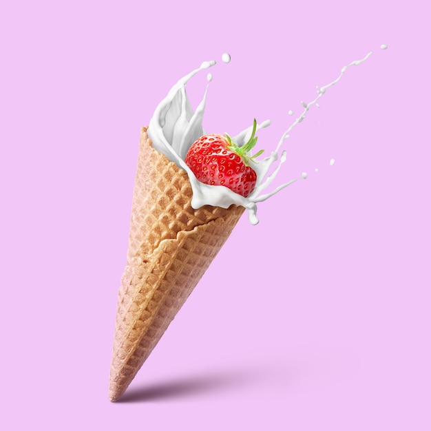 Ice cream waffle cone with milk splash and strawberry isolated on pink