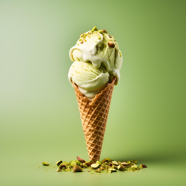 Ice cream in waffle cone with pistachios on green background